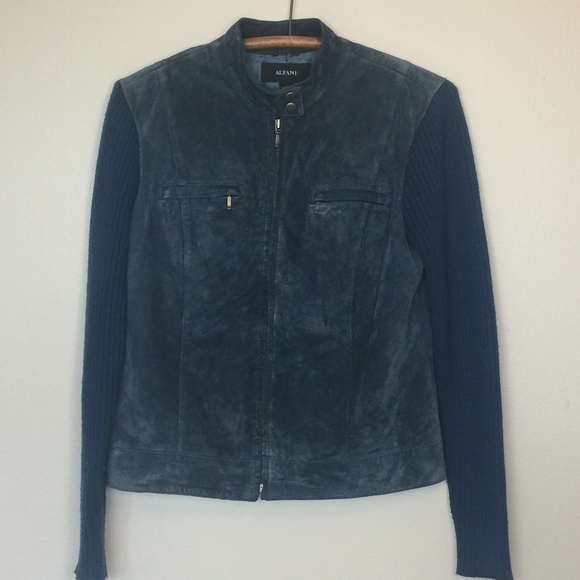ALFANI Blue Zip Front Suede Jacket Knit Sleeves S